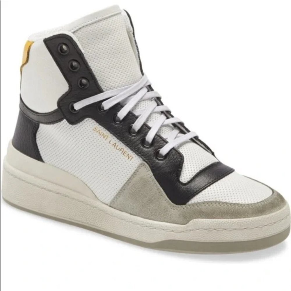 - Saint Laurent Colorblock High Top Perforated Tennis Shoes White/Black Me…
